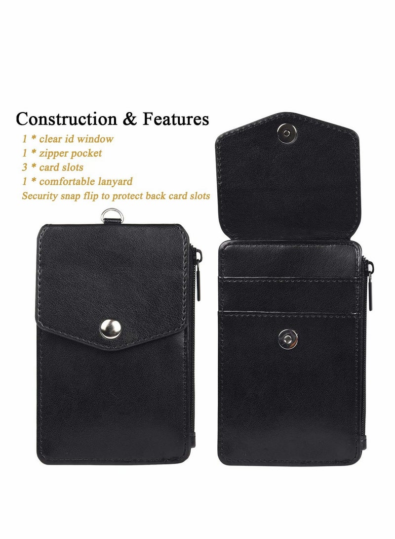 Zippered PU Leather Badge Holder with Clear Window & 3 Slots - Secure ID Wallet with Nylon Lanyard for Office, School, Credit Cards & Driver's License - Image 2