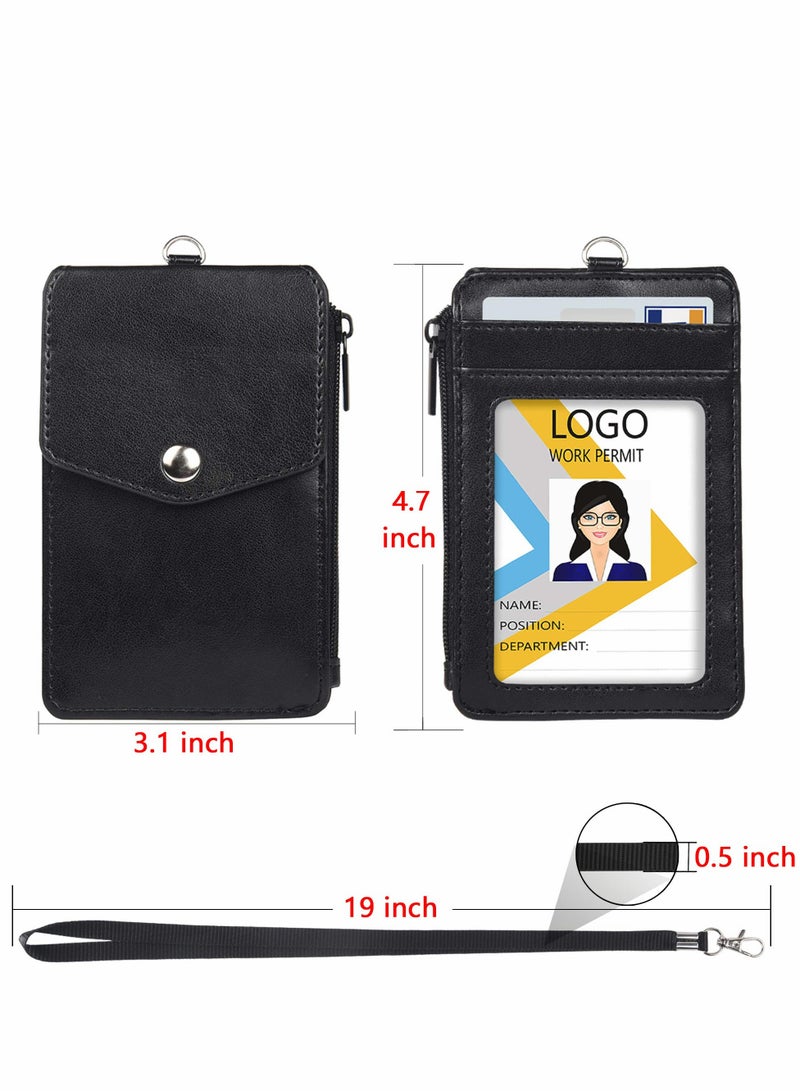 Zippered PU Leather Badge Holder with Clear Window & 3 Slots - Secure ID Wallet with Nylon Lanyard for Office, School, Credit Cards & Driver's License - Image 4
