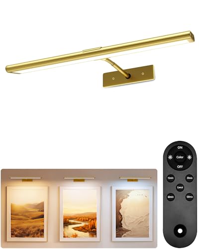EZVALO Picture Light for Wall 4800mAh Rechargeable Wireless Remote 16in Dimmable Magnetic LED Art Display Light with 3 Color Temperatures for Gallery Living Room Bedroom Hallway Gold - Image 1