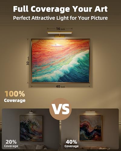 EZVALO Picture Light for Wall 4800mAh Rechargeable Wireless Remote 16in Dimmable Magnetic LED Art Display Light with 3 Color Temperatures for Gallery Living Room Bedroom Hallway Gold - Image 3