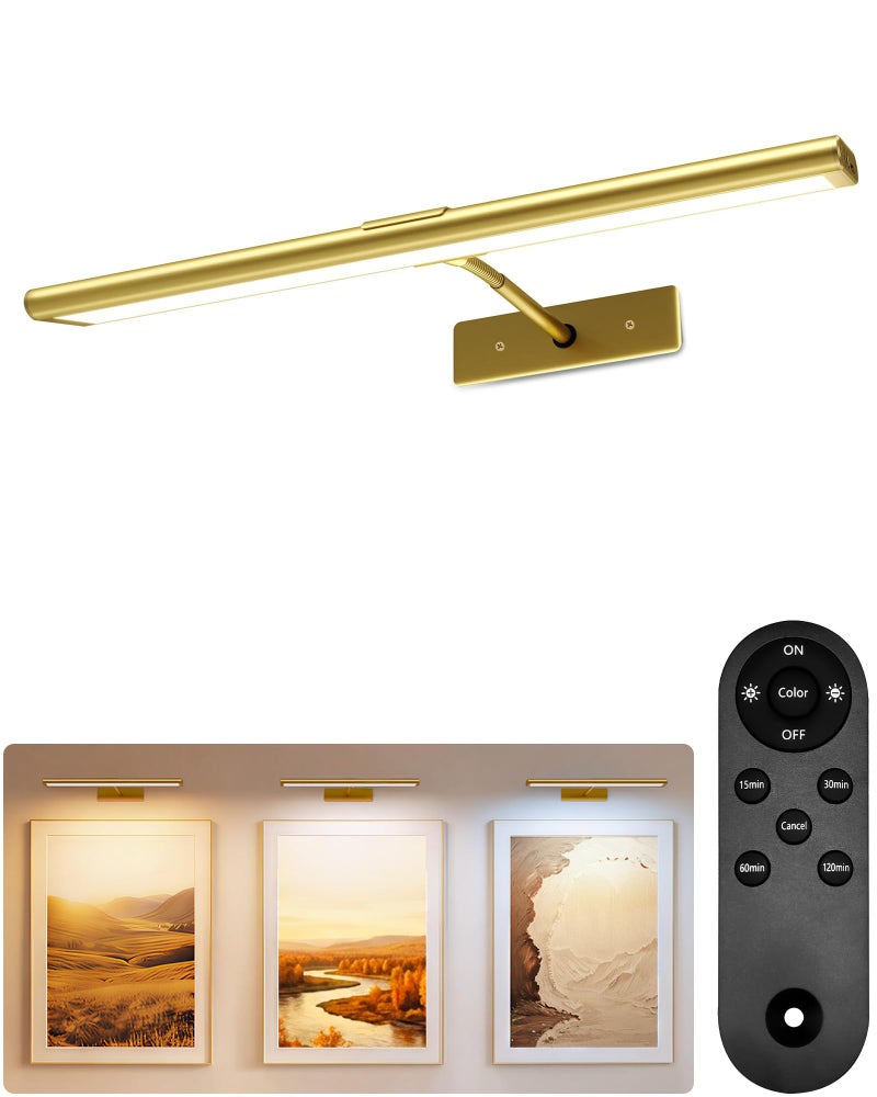 EZVALO Picture Light for Wall 4800mAh Rechargeable Wireless Remote 16in Dimmable Magnetic LED Art Display Light with 3 Color Temperatures for Gallery Living Room Bedroom Hallway Gold - Image 2