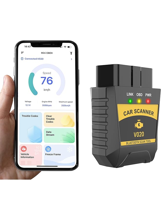 كاست ويف ماسح ضوئي OBD2 بتقنية بلوتوث 4.0، أداة تشخيص تلقائي لاسلكية، تطبيق ماسح OBD2 للسيارة، اتصال تلقائي بالهاتف، مسح/إعادة تعيين قارئ رمز خطأ محرك السيارة، أداة تشخيصية لنظامي التشغيل iOS/Android - Image 1
