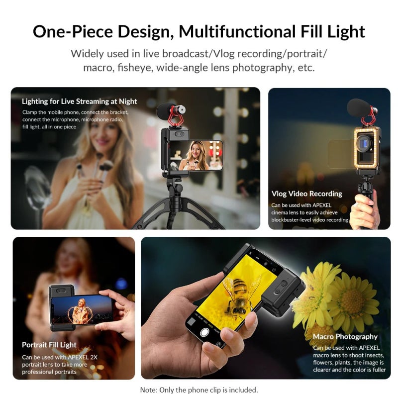 Cell Phone Lens Attachment: Black All-in-One Design - Versatile 17mm+37mm Dual-Threaded Interface Phone Clamp With High-Brightness 40 LED Beads for Low-Light Photo, Video Creation and Tripod Mounting - Image 5