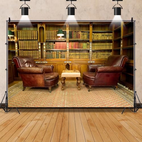 AOFOTO 8x6ft Vintage Luxury Study Bookshelf Backdrop Photography Home Office Two Sofa Business Conversation Room Bookcase Retro Books Shelves Bookrack Background for Videos YouTube Photos Prop Vinyl - Image 2