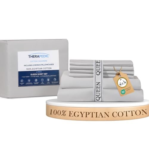 Therapedic 100% Egyptian Cotton Queen 6-Piece Sheet Set – Naturally Cooling & Breathable Sateen, Preshrunk Garment Wash, 16" Deep Pocket Fitted Sheet, Bonus Pillowcases, Soft & Durable - Dove - Image 1