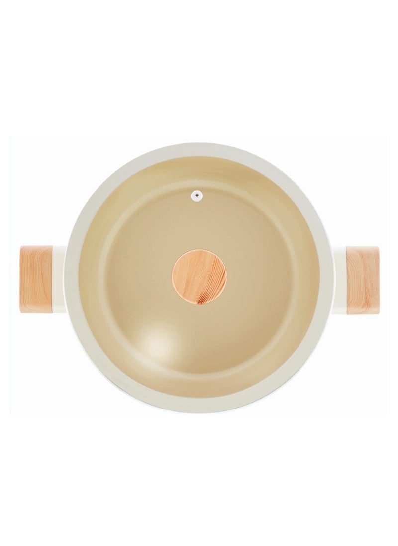 Homemaker Swiss Crystal High Quality Ceramic Coating Non-Stick Casserole - 28cm- Glass Lid With Protective Silicon Edge - Natural Wood Handles and Knob - Beige  - Image 2