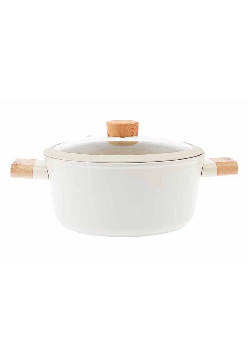 Homemaker Swiss Crystal High Quality Ceramic Coating Non-Stick Casserole - 28cm- Glass Lid With Protective Silicon Edge - Natural Wood Handles and Knob - Beige  - Image 1