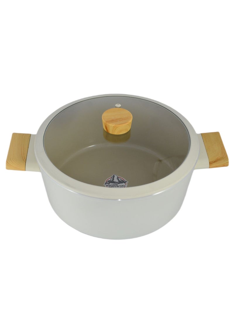 Homemaker Swiss Crystal High Quality Ceramic Coating Non-Stick Casserole - 28cm- Glass Lid With Protective Silicon Edge - Natural Wood Handles and Knob - Beige  - Image 4