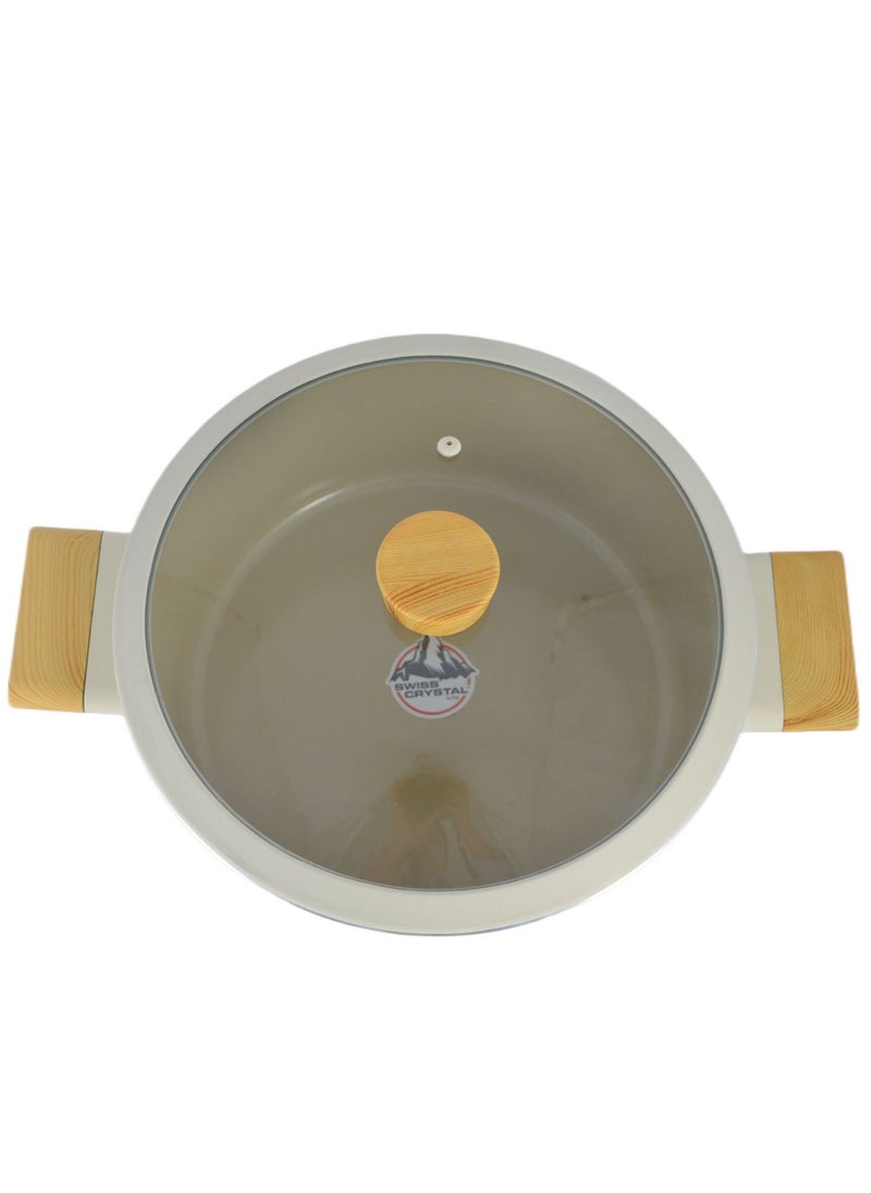 Homemaker Swiss Crystal High Quality Ceramic Coating Non-Stick Casserole - 28cm- Glass Lid With Protective Silicon Edge - Natural Wood Handles and Knob - Beige  - Image 5