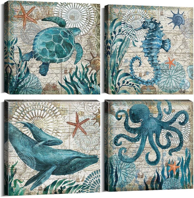 YOOOAHU Coastal Beach Wall Art for Living Room Sea Turtle Pictures Bathroom Wall Decor Teal Blue Nautical Themed Seahorse Canvas Painting Ocean Animal Whale Posters Bedroom Kitche Home Decoration 8x8 4