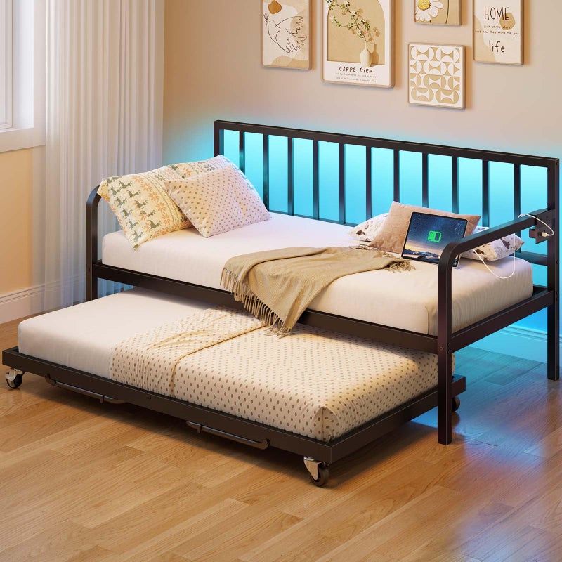 Rolanstar Rolanstar Daybed with Charging Station and LED Lights Height Adjustable Twin Daybed with Trundle Metal Sofa Bed Frame with Steel Slat Support for Living Room Bedroom and Guest Room Black 