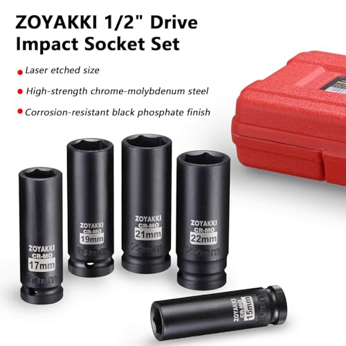 ZOYAKKI 1/2" Drive Deep 6-Point Impact Socket Set, 5-Piece Standard Metric Spindle Axle Nut Impact Socket Set, Cr-Mo,6 Point (15-17-19-21-22mm) Size,Wheel Lug Nuts Socket - Image 2