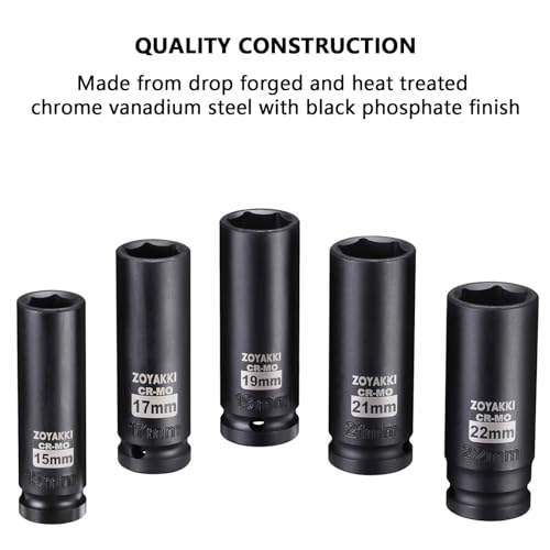 ZOYAKKI 1/2" Drive Deep 6-Point Impact Socket Set, 5-Piece Standard Metric Spindle Axle Nut Impact Socket Set, Cr-Mo,6 Point (15-17-19-21-22mm) Size,Wheel Lug Nuts Socket - Image 3