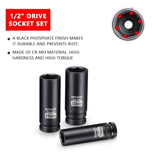 ZOYAKKI 1/2" Drive Deep 6-Point Impact Socket Set, 5-Piece Standard Metric Spindle Axle Nut Impact Socket Set, Cr-Mo,6 Point (15-17-19-21-22mm) Size,Wheel Lug Nuts Socket - Image 4