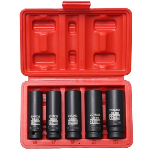 ZOYAKKI 1/2" Drive Deep 6-Point Impact Socket Set, 5-Piece Standard Metric Spindle Axle Nut Impact Socket Set, Cr-Mo,6 Point (15-17-19-21-22mm) Size,Wheel Lug Nuts Socket - Image 1