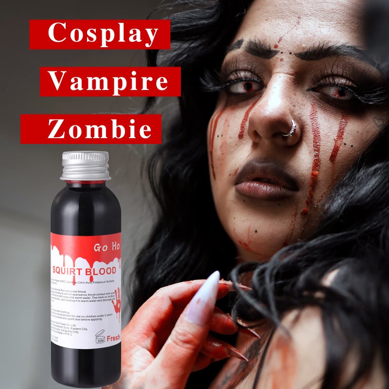 Go Ho Fake Blood Makeup (2 oz),Fake Blood Washable for Scar Wounds,Easy Dry Flow Fake Blood for Eyes Drips Nose Bleeds,Halloween Blood for Cosplay SFX Zombie Vampire Makeup,Fresh - Image 2