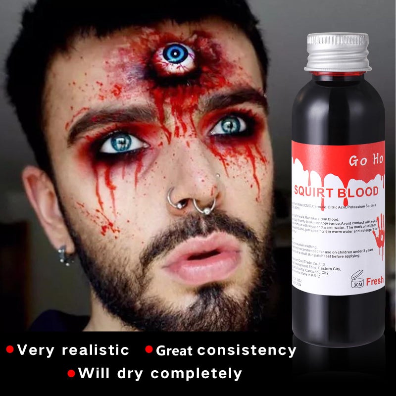 Go Ho Fake Blood Makeup (2 oz),Fake Blood Washable for Scar Wounds,Easy Dry Flow Fake Blood for Eyes Drips Nose Bleeds,Halloween Blood for Cosplay SFX Zombie Vampire Makeup,Fresh - Image 3