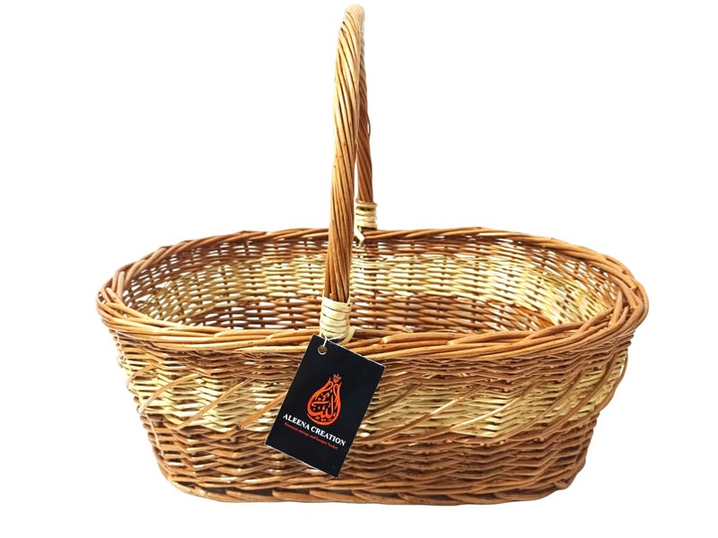 ALEENA.CREATION ALEENA CREATION Oval Shape Deep Handle Cane Wicker Baskets Multipurpose Uses ChocolateFlowerChapatiPooja Baskets Shelf Baskets Storage Baskets Size 16x11x65 inch Pack Of 1 - Image 1