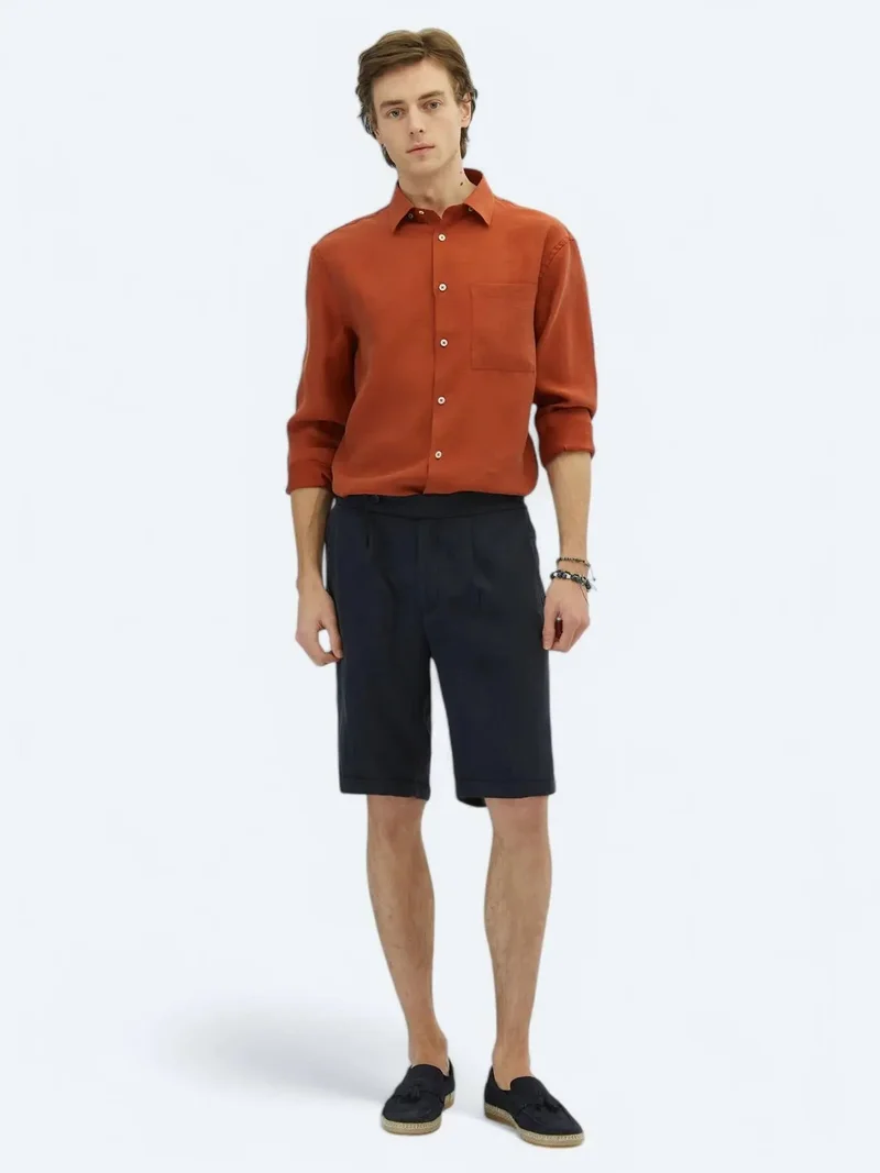 كيب شورت برمودا أسود منسوج بقصة جزرية كاجوال