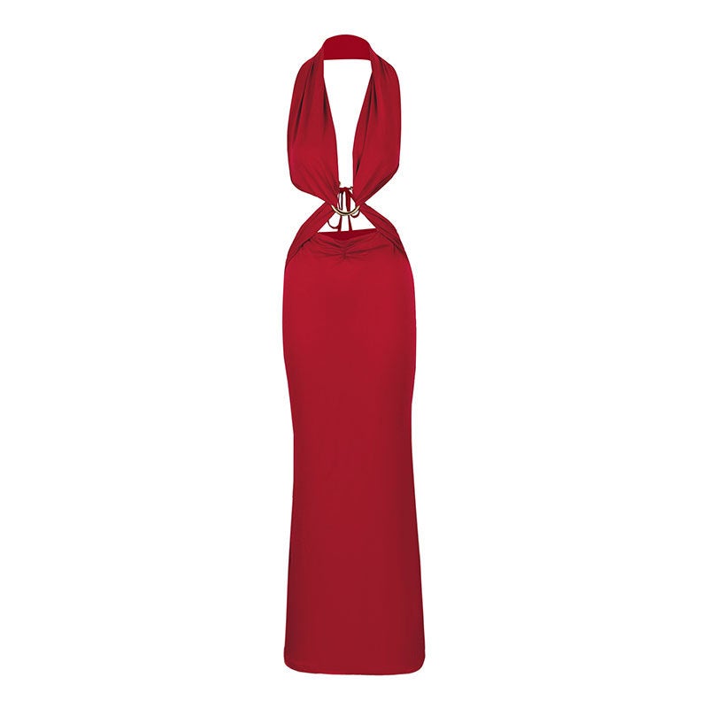 AD292 Amazon European and American Summer New Sexy Ring Strap Neck Backless Hip Fashionable dress Women Red - Image 1