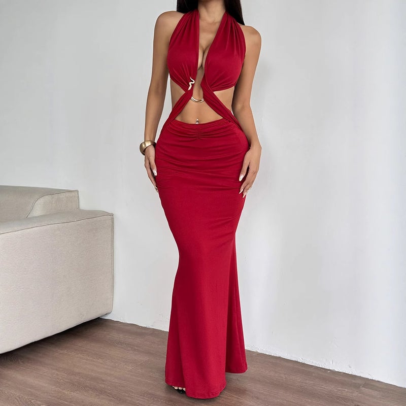 AD292 Amazon European and American Summer New Sexy Ring Strap Neck Backless Hip Fashionable dress Women Red - Image 2