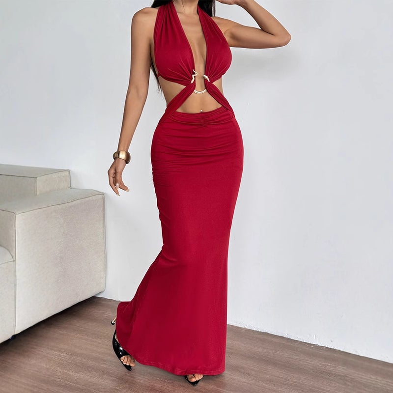 AD292 Amazon European and American Summer New Sexy Ring Strap Neck Backless Hip Fashionable dress Women Red - Image 4