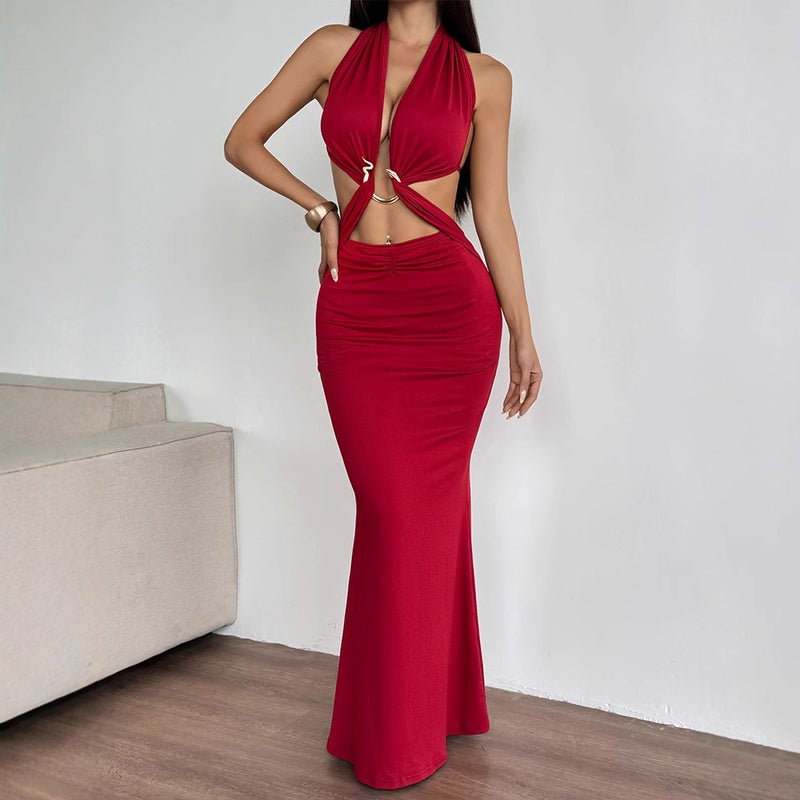 AD292 Amazon European and American Summer New Sexy Ring Strap Neck Backless Hip Fashionable dress Women Red - Image 3