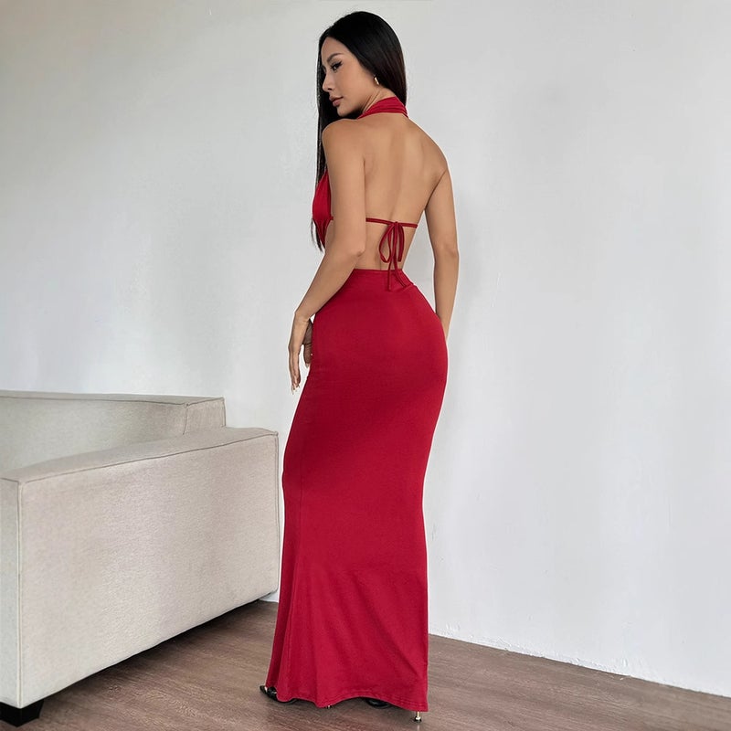 AD292 Amazon European and American Summer New Sexy Ring Strap Neck Backless Hip Fashionable dress Women Red - Image 5