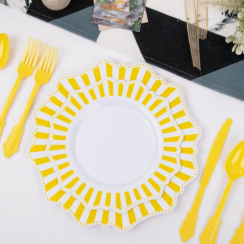 COLOSUS 150pcs Disposable White Lemon Yellow Striped Plastic Party Plates and Silverware set  Yellow Dinner/Dessert Plates silverware 30guests for Easter Birthday Weeding Party and Daily use. - Image 3