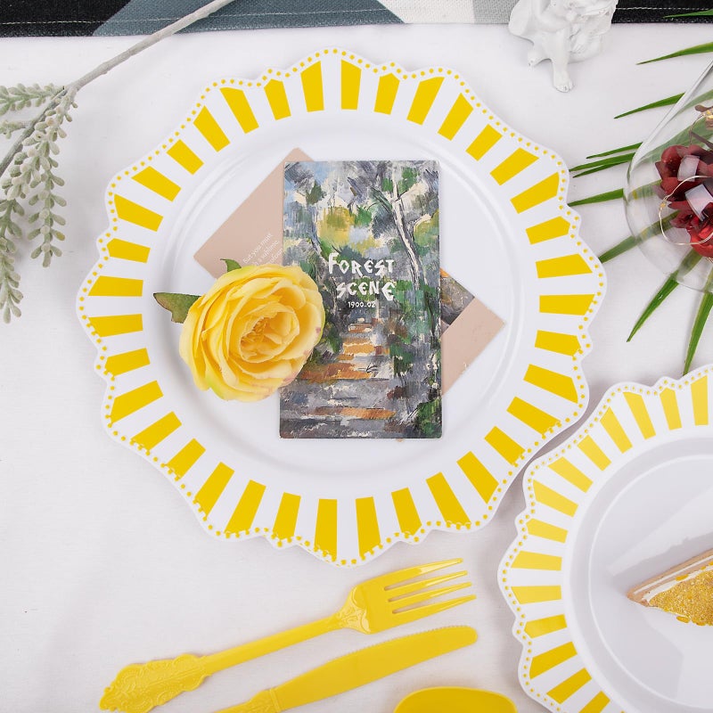 COLOSUS 150pcs Disposable White Lemon Yellow Striped Plastic Party Plates and Silverware set  Yellow Dinner/Dessert Plates silverware 30guests for Easter Birthday Weeding Party and Daily use. - Image 4