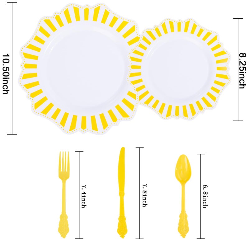 COLOSUS 150pcs Disposable White Lemon Yellow Striped Plastic Party Plates and Silverware set  Yellow Dinner/Dessert Plates silverware 30guests for Easter Birthday Weeding Party and Daily use. - Image 2