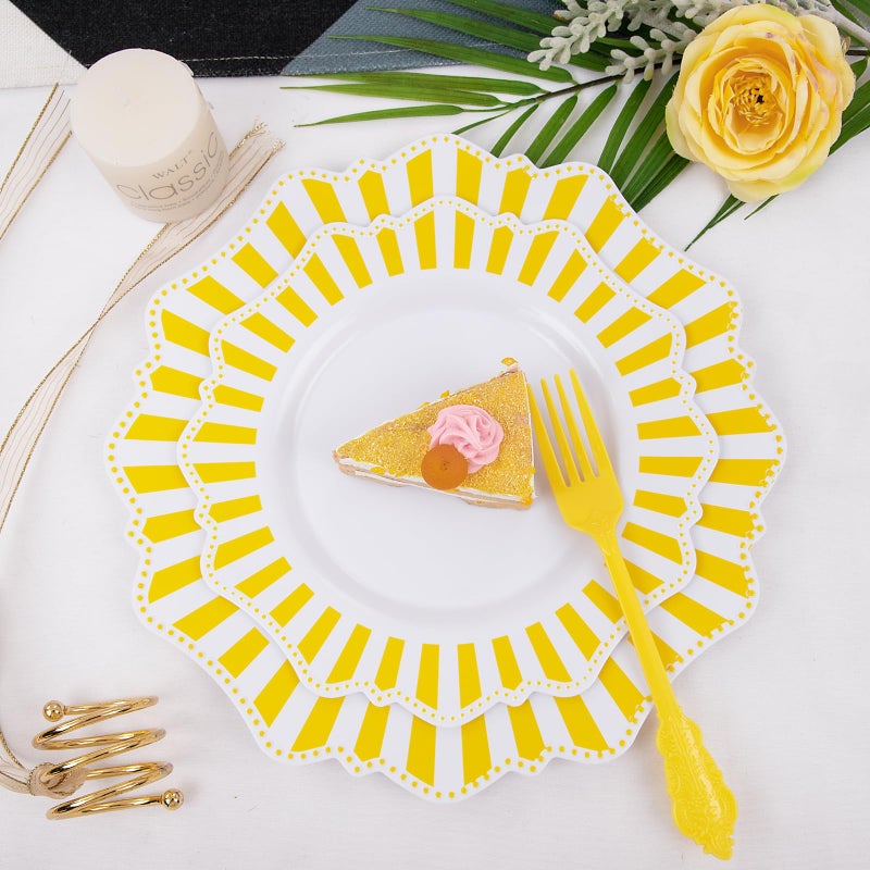 COLOSUS 150pcs Disposable White Lemon Yellow Striped Plastic Party Plates and Silverware set  Yellow Dinner/Dessert Plates silverware 30guests for Easter Birthday Weeding Party and Daily use. - Image 5