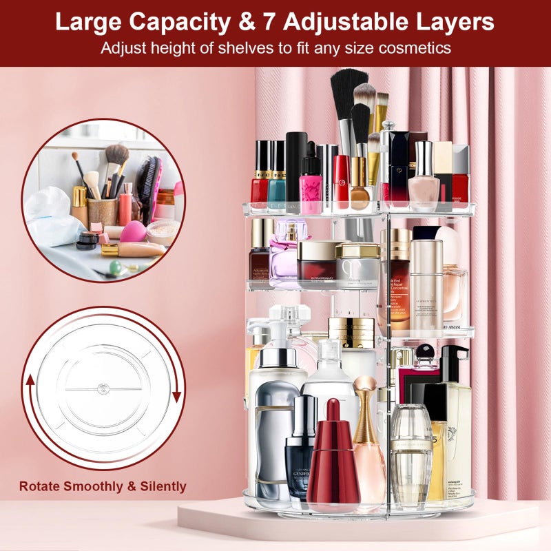 Miserwe Makeup Organizer 360 Rotating Cosmetic Organizer DIY Adjustable Makeup Carousel Spinning Holder Rack, Large Capacity Cosmetic Storage Box Makeup Brushes Organizer for Vanity Countertop (Clear) - Image 3