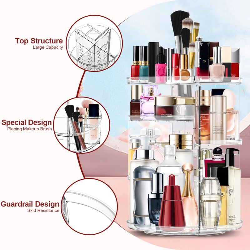 Miserwe Makeup Organizer 360 Rotating Cosmetic Organizer DIY Adjustable Makeup Carousel Spinning Holder Rack, Large Capacity Cosmetic Storage Box Makeup Brushes Organizer for Vanity Countertop (Clear) - Image 2
