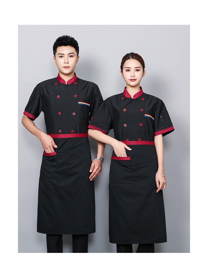 Loquat 1 Set Chef Uniform and Chef Apron Short Sleeve Double-Breasted Stand Collar Waiter T-shirt Black - Image 1