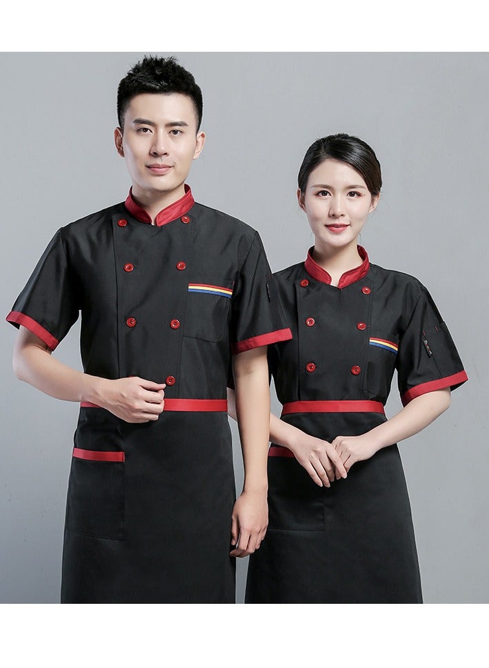 Loquat 1 Set Chef Uniform and Chef Apron Short Sleeve Double-Breasted Stand Collar Waiter T-shirt Black - Image 2