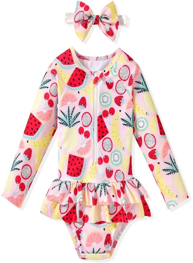 HIHA Toddler Girls Swimsuit One Piece Long Sleeve Bathing Suit Rashguard Set Summer Beach Zipper Swimwear with Headband,Fruits Pattern,4-5 Years - Image 1
