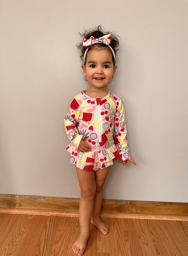 HIHA Toddler Girls Swimsuit One Piece Long Sleeve Bathing Suit Rashguard Set Summer Beach Zipper Swimwear with Headband,Fruits Pattern,4-5 Years - Image 3