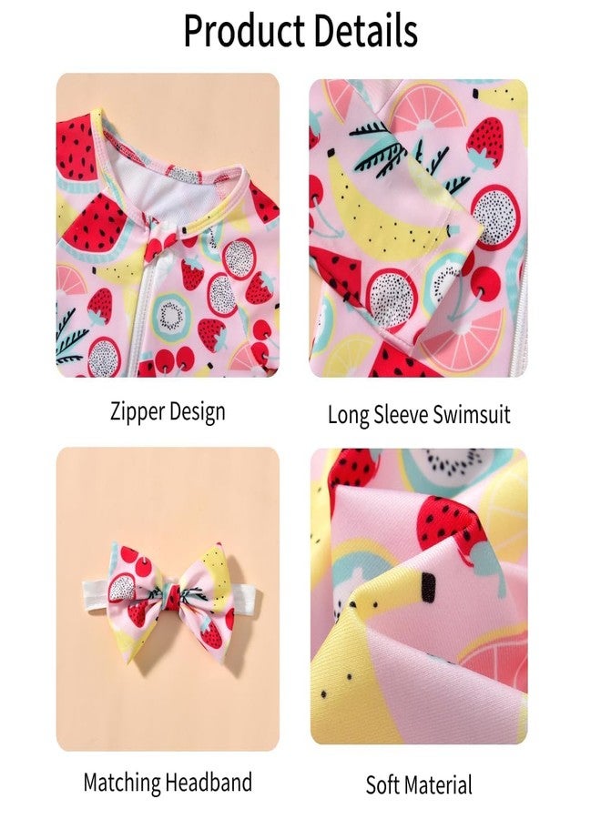 HIHA Toddler Girls Swimsuit One Piece Long Sleeve Bathing Suit Rashguard Set Summer Beach Zipper Swimwear with Headband,Fruits Pattern,4-5 Years - Image 4