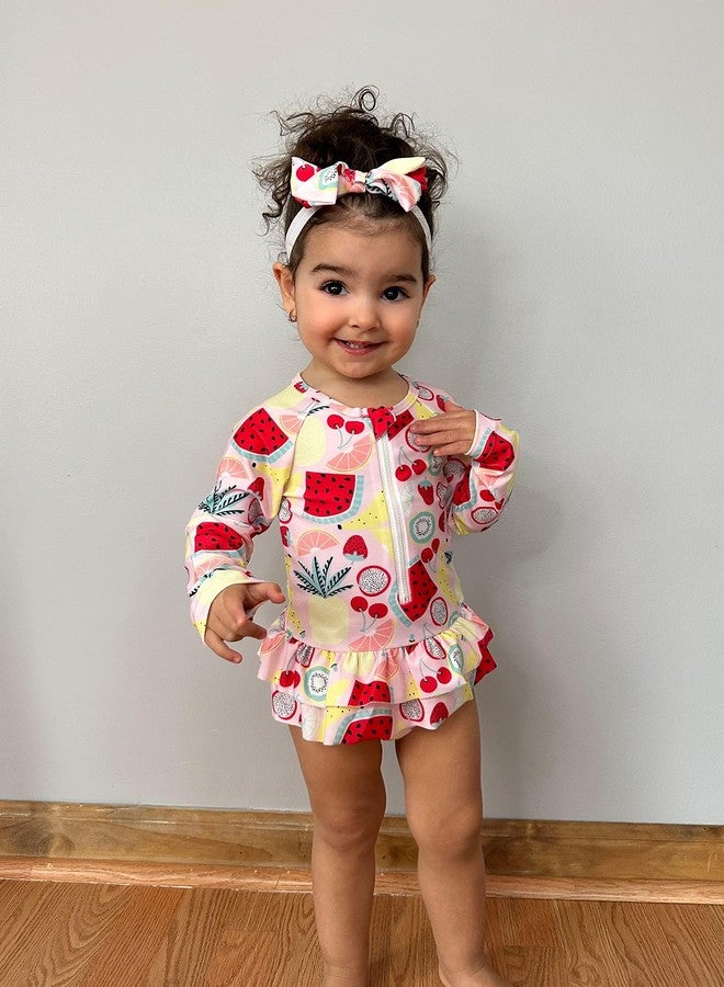 HIHA Toddler Girls Swimsuit One Piece Long Sleeve Bathing Suit Rashguard Set Summer Beach Zipper Swimwear with Headband,Fruits Pattern,4-5 Years - Image 2