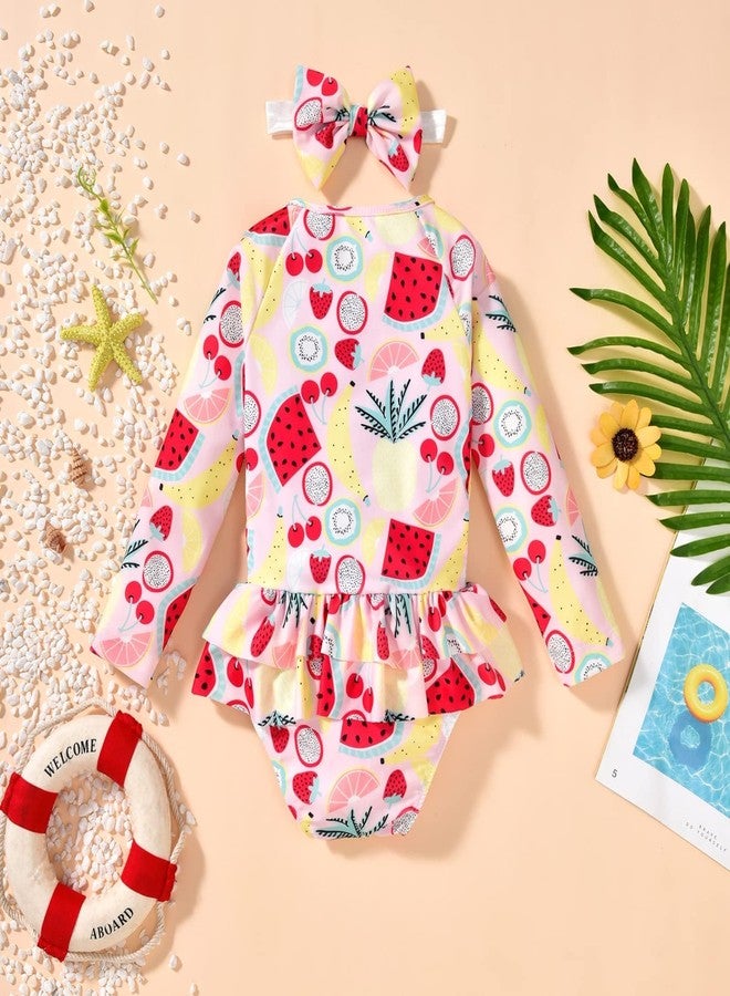 HIHA Toddler Girls Swimsuit One Piece Long Sleeve Bathing Suit Rashguard Set Summer Beach Zipper Swimwear with Headband,Fruits Pattern,4-5 Years - Image 5