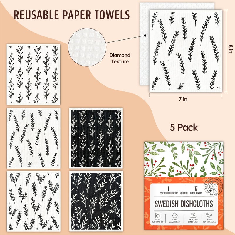 Augine Swedish Dishcloths for Kitchen, 5 Pack Reusable Paper Towels Washable, Super Absorbent Swedish Dish Cloths, Non-Scratch, No Odor - Image 2