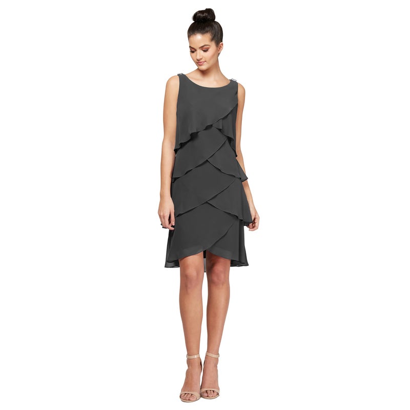 S.L. Fashions Women's Sleeveless Chiffon Tiered Cocktail Dress, Wedding Guest, Party Gown (Petite and Regular Sizes), Steel, 12P - Image 3