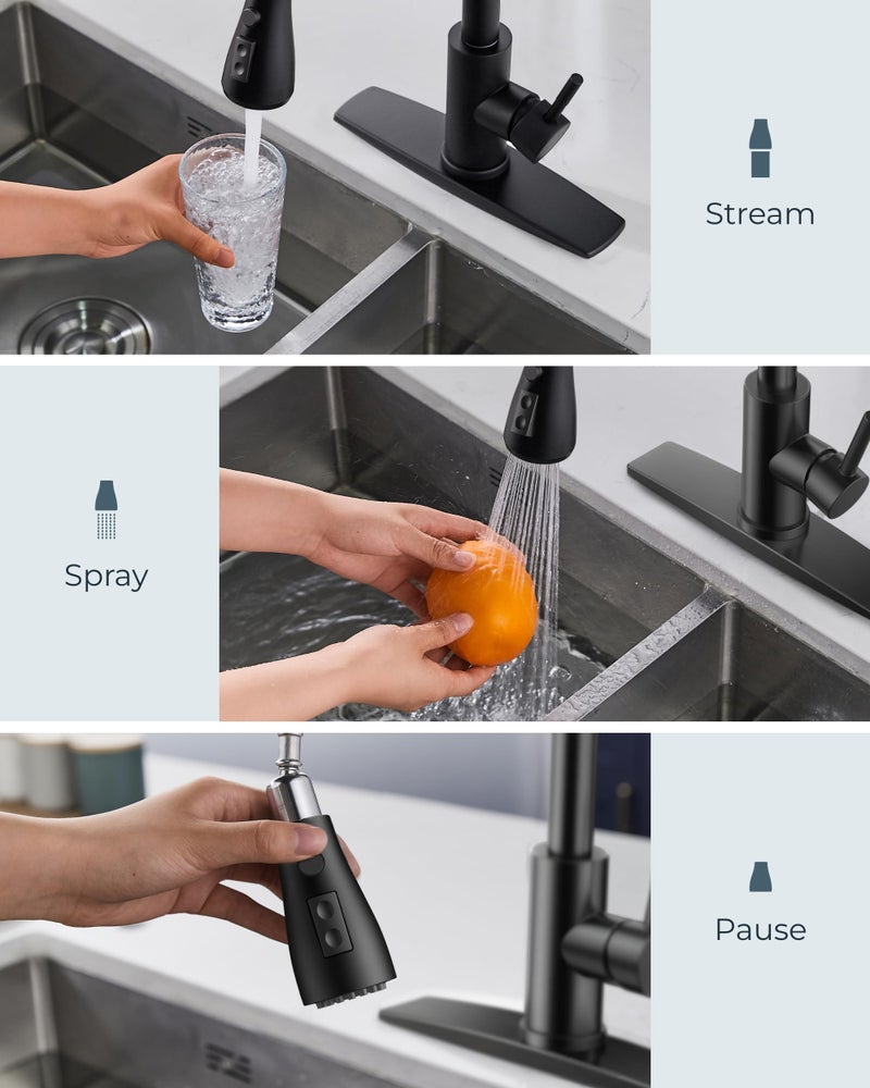 FORIOUS Black Kitchen Faucet with Soap Dispenser and Pull Down Sprayer, Bar High Arc Single Handle Classic 3 Modes Stainless Steel Faucet for Kitchen Sink Farmhouse RV Laundry Camper - Image 3