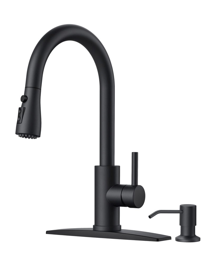 FORIOUS Black Kitchen Faucet with Soap Dispenser and Pull Down Sprayer, Bar High Arc Single Handle Classic 3 Modes Stainless Steel Faucet for Kitchen Sink Farmhouse RV Laundry Camper - Image 1