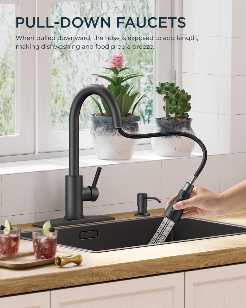 FORIOUS Black Kitchen Faucet with Soap Dispenser and Pull Down Sprayer, Bar High Arc Single Handle Classic 3 Modes Stainless Steel Faucet for Kitchen Sink Farmhouse RV Laundry Camper - Image 2
