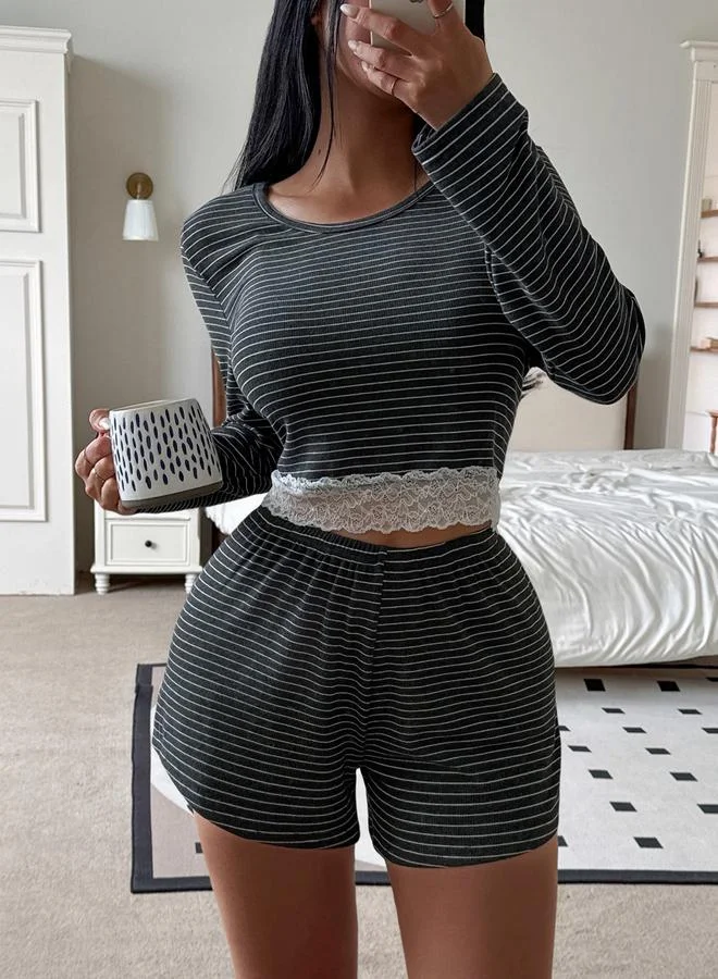 Take Two Striped Lace Trim Top with Shorts Pyjama Set