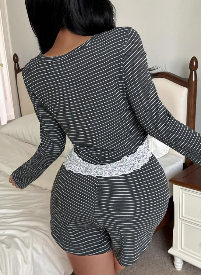 Take Two Striped Lace Trim Top with Shorts Pyjama Set