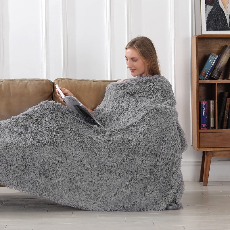 Tuddrom Decorative Extra Soft Faux Fur Throw Blanket 50""x60"" Solid Lightweight Fuzzy Reversible Long Hair Shaggy Blanket Fluffy Cozy Plush Mink Fleece Comfy Microfiber Blanket for Couch Sofa Bed  Grey - Image 2