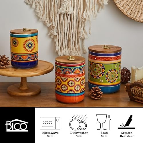 Bico Tunisian Ceramic Canister Set of 3 for Kitchen Counter, 62oz, 40oz, 32oz each, with Wooden Air Tight Lid, Food Storage Jar for storing Coffee, Tea, Spice, Dishwasher Safe - Image 3